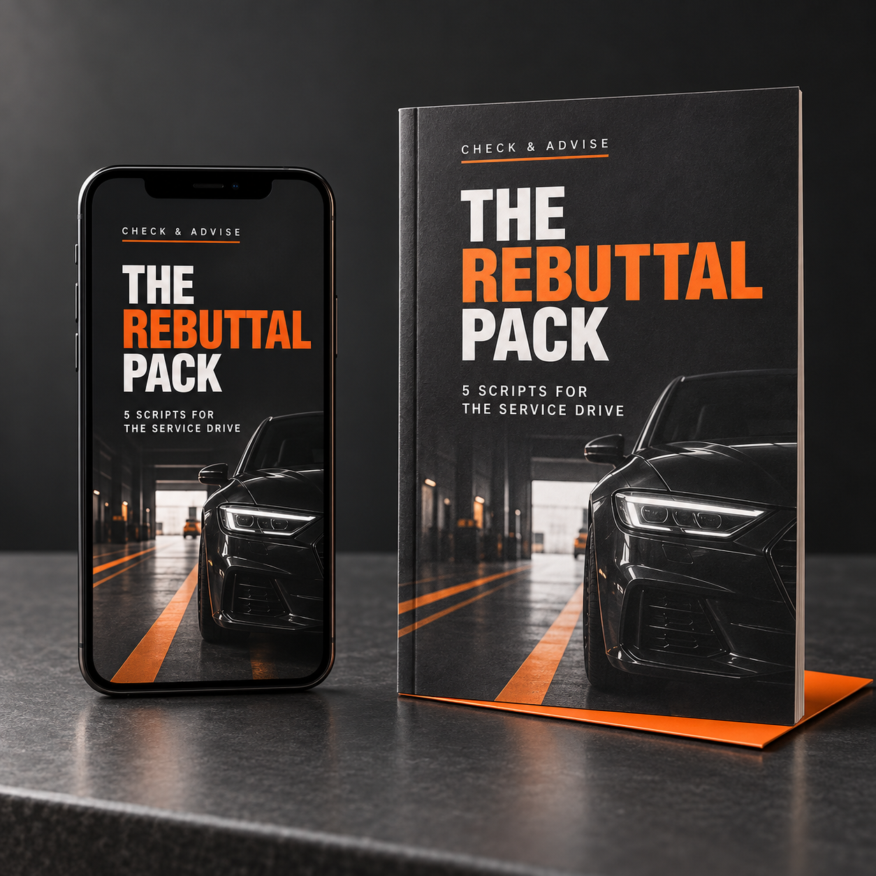 Illustrative preview of the charcoal and orange Rebuttal Pack on a phone and printed guide