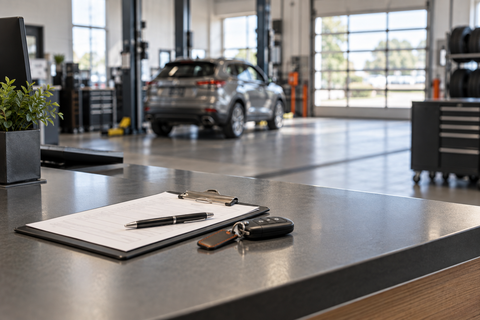 A service reception counter with a clipboard and keys, overlooking automotive service bays